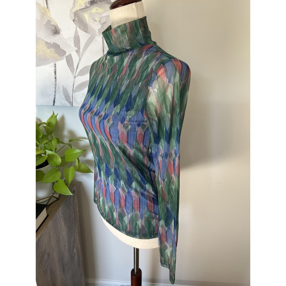 Anthropologie Top Womens XS Green Mesh Turtleneck Sheer Geometric‎ Print Boho - Picture 4 of 8
